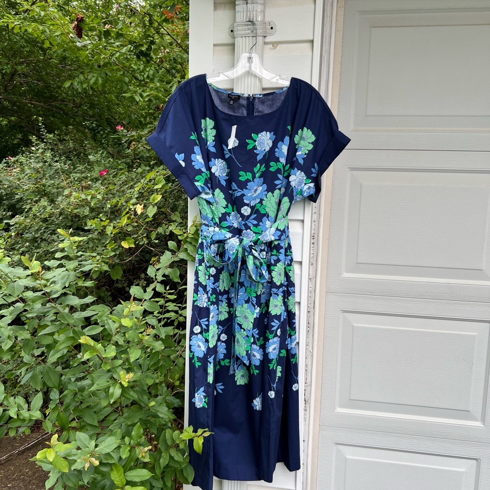 NWT Talbots Pretty Blues Green Floral Cotton MIDI Dress With Pockets